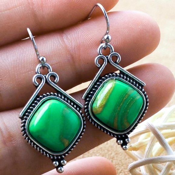 GlitzBlitz Boutique Jewelry - Any 2/$20! Oxidized Silver w/Green Stone Drop Earrings